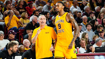 Mar 8, 2025; Tempe, Arizona, USA; Arizona State Sun Devils head coach Bobby Hurley talks to center Shawn Phillips Jr (9) during the second half against the Texas Tech Red Raiders at Desert Financial Arena. Mandatory Credit: Arianna Grainey-Imagn Images