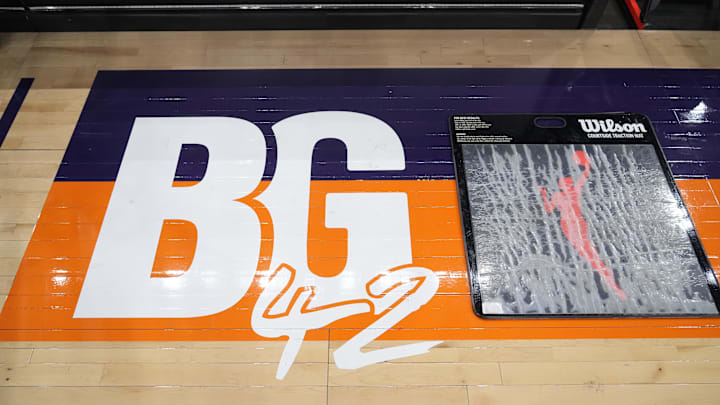 Jun 29, 2022; Phoenix, Arizona, USA; BG42 signage is shown on the court at Footprint Center in support of Phoenix Mercury center Brittney Griner (not pictured) prior to the game between the Phoenix Mercury and the Indiana Fever. Mandatory Credit: Joe Camporeale-Imagn Images
