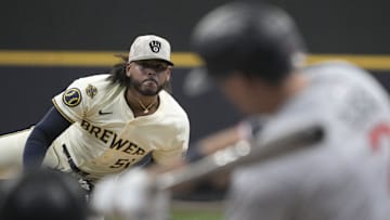 May 18, 2025; Milwaukee, Wisconsin, USA; Milwaukee Brewers pitcher Freddy Peralta (51) delivers a pitch in the first inning against the Minnesota Twins at American Family Field. Mandatory Credit: Michael McLoone-Imagn Images