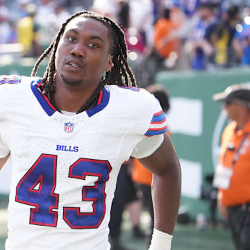 Sep 14, 2025; East Rutherford, New Jersey, USA;  Buffalo Bills cornerback Dorian Strong (43) after the game against the New York Jets at MetLife Stadium.
