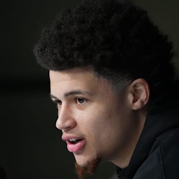 Apr 6, 2025; San Antonio, TX, USA; Florida Gators guard Walter Clayton Jr. (1) speaks to the media during a press conference for the men's 2025 NCAA tournament at Alamodome.