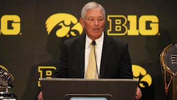 Jul 24, 2025; Las Vegas, NV, USA; Iowa head coach Kirk Ferentz speaks to the media during the Big Ten NCAA college football media days at Mandalay Bay Resort. Mandatory Credit: Lucas Peltier-Imagn Images