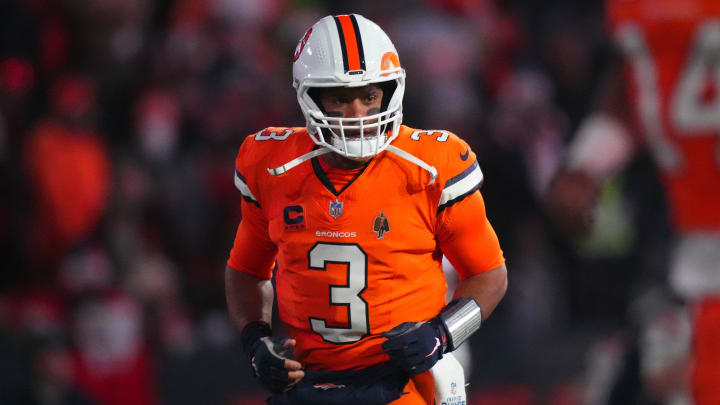 Dec 24, 2023; Denver, Colorado, USA; Denver Broncos quarterback Russell Wilson (3) before the game against the New England Patriots at Empower Field at Mile High. Mandatory Credit: Ron Chenoy-USA TODAY Sports