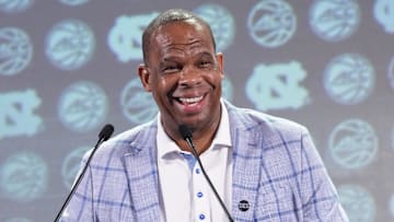Oct 25, 2023; Charlotte, NC, USA;  North Carolina Tar Heels coach Hubert Davis  speaks to the media during the ACC Tipoff at Hilton Charlotte Uptown. Mandatory Credit: Jim Dedmon-Imagn Images