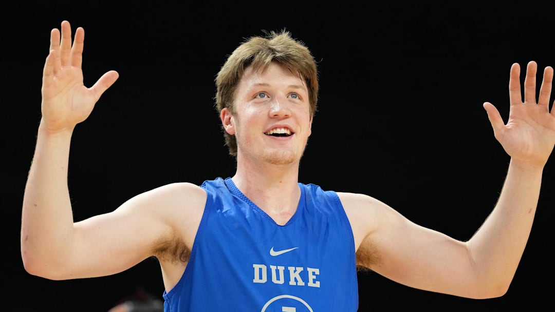 Apr 4, 2025; San Antonio, TX, USA; Duke Blue Devils guard Kon Knueppel (7) during a practice session for the Final Four of the 2025 NCAA tournament at Alamodome. Mandatory Credit: Bob Donnan-Imagn Images