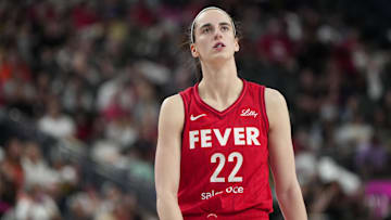 Jun 22, 2025; Las Vegas, Nevada, USA;  Indiana Fever guard Caitlin Clark (22) during the during the first half  of a WNBA basketball game against the Las Vegas Aces at T-Mobile Arena. Mandatory Credit: Lucas Peltier-Imagn Images