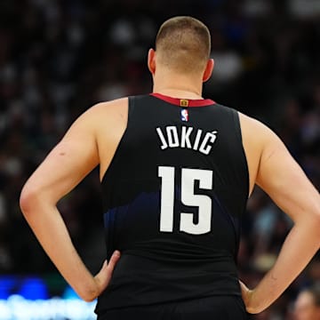 May 19, 2024; Denver, Colorado, USA; Denver Nuggets center Nikola Jokic (15) during the first half against the Minnesota Timberwolves in game seven of the second round for the 2024 NBA playoffs at Ball Arena. Mandatory Credit: Ron Chenoy-Imagn Images