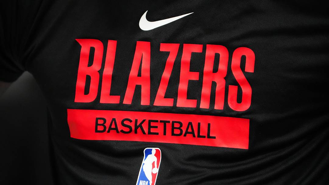 Jan 17, 2023; Denver, Colorado, USA; Detailed view of a Portland Trail Blazers logo warmup jersey before the game against the Denver Nuggets at Ball Arena. Mandatory Credit: Ron Chenoy-Imagn Images