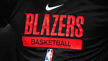 Jan 17, 2023; Denver, Colorado, USA; Detailed view of a Portland Trail Blazers logo warmup jersey before the game against the Denver Nuggets at Ball Arena. Mandatory Credit: Ron Chenoy-Imagn Images