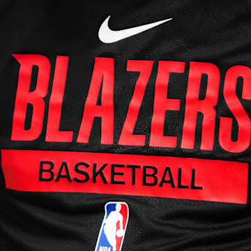 Jan 17, 2023; Denver, Colorado, USA; Detailed view of a Portland Trail Blazers logo warmup jersey before the game against the Denver Nuggets at Ball Arena. Mandatory Credit: Ron Chenoy-Imagn Images