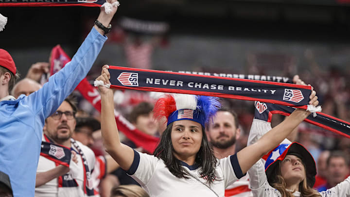 Mar 28, 2026; Atlanta, Georgia, USA; USA soccer fans shown during the match against Belgium at Mercedes-Benz Stadium. Mandatory Credit: Dale Zanine-Imagn Images