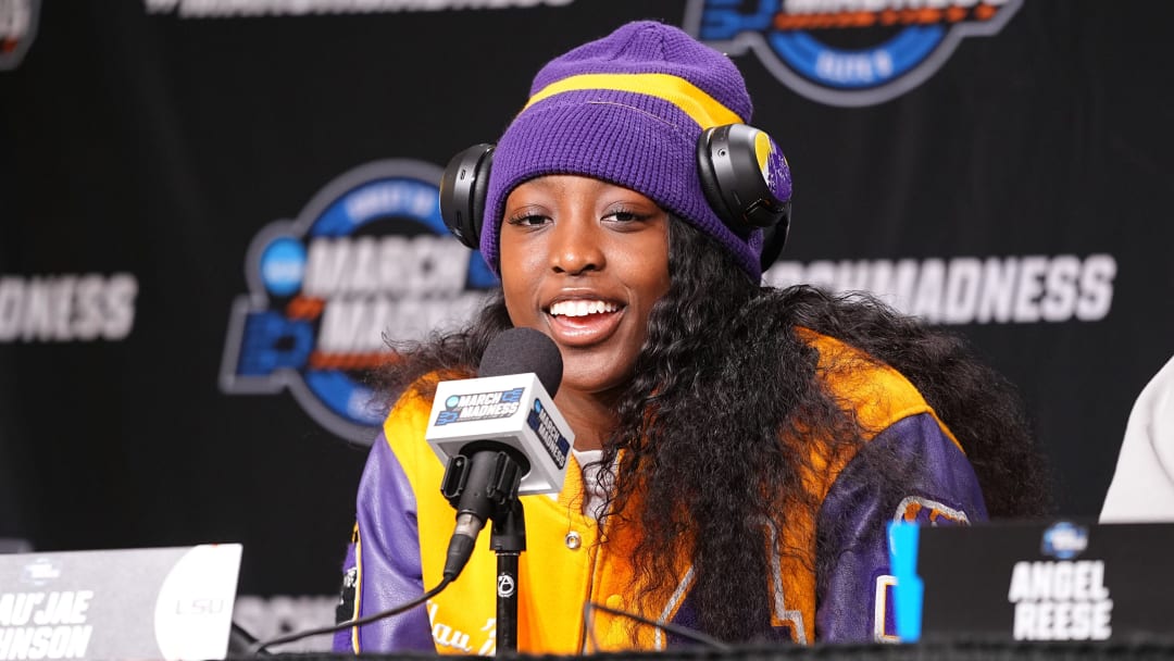 LSU Lady Tigers guard Flau'jae Johnson (4) takes questions from the media at MVP Arena, Sunday, March 31, 2024 in Albany, N.Y.