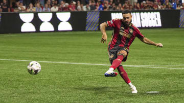 Jul 26, 2024; Atlanta, Georgia, USA; Atlanta United defender Derrick Williams (3) scores a goal against D.C. United during penalty kicks at Mercedes-Benz Stadium. Mandatory Credit: Dale Zanine-USA TODAY Sports