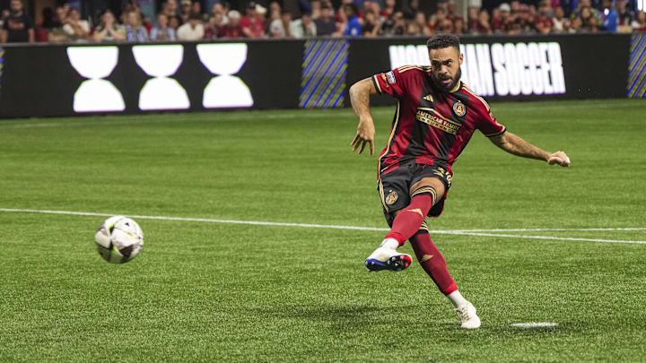Jul 26, 2024; Atlanta, Georgia, USA; Atlanta United defender Derrick Williams (3) scores a goal against D.C. United during penalty kicks at Mercedes-Benz Stadium. Mandatory Credit: Dale Zanine-USA TODAY Sports