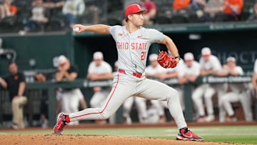 Mar 2, 2025; Arlington, TX, USA; Ohio State plays Oregon State during the Amegy Bank College Baseball Series presented by Kubota Weekend 3 at Globe Life Field. Mandatory Credit: Jim Cowsert-Imagn Images
