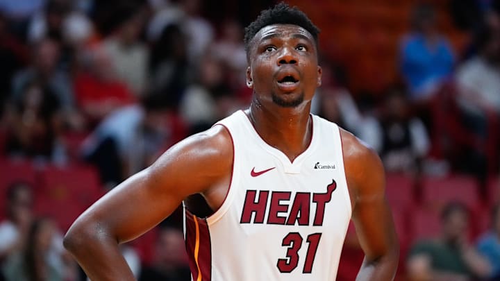 Oct 10, 2023; Miami, Florida, USA; Miami Heat center Thomas Bryant (31) looks on against the Charlotte Hornets during the second half at Kaseya Center. Mandatory Credit: Rich Storry-Imagn Images