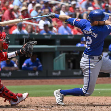 Jul 10, 2024; St. Louis, Missouri, USA;  Kansas City Royals center fielder Garrett Hampson (2) hits a two run double against the St. Louis Cardinals during the fifth inning at Busch Stadium. Mandatory Credit: Jeff Curry-USA TODAY Sports