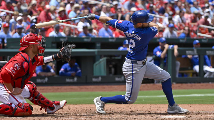 Jul 10, 2024; St. Louis, Missouri, USA;  Kansas City Royals center fielder Garrett Hampson (2) hits a two run double against the St. Louis Cardinals during the fifth inning at Busch Stadium. Mandatory Credit: Jeff Curry-USA TODAY Sports