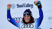 Mar 27, 2025; Sun Valley, ID, USA; World Cup overall points winner Federica Brignone of Italy celebrates after the 2025 FIS Ski World Cup at Sun Valley. Mandatory Credit: Christopher Creveling-Imagn Images