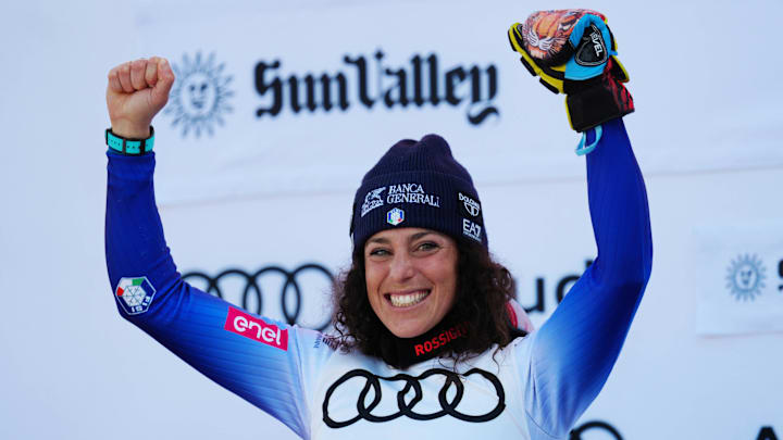 Mar 27, 2025; Sun Valley, ID, USA; World Cup overall points winner Federica Brignone of Italy celebrates after the 2025 FIS Ski World Cup at Sun Valley. Mandatory Credit: Christopher Creveling-Imagn Images Mar 27, 2025; Sun Valley, ID, USA; World Cup overall points winner Federica Brignone of Italy celebrates after the 2025 FIS Ski World Cup at Sun Valley. Mandatory Credit: Christopher Creveling-Imagn Images