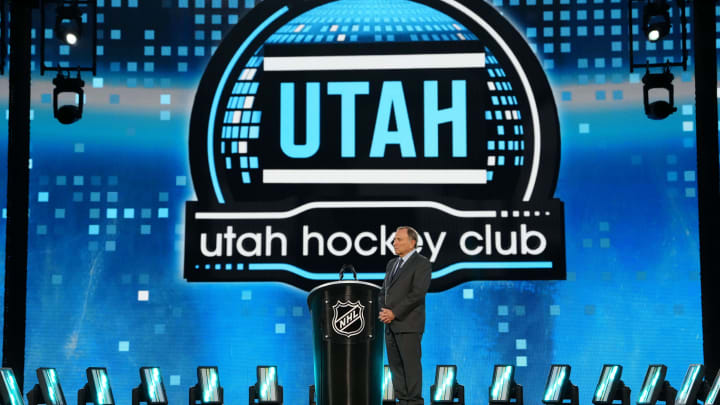 Jun 28, 2024; Las Vegas, Nevada, USA; NHL Commissioner Gary Bettman looks on as Utah Hockey Club is on the clock during the first round of the 2024 NHL Draft at The Sphere. Mandatory Credit: Joe Camporeale-USA TODAY Sports