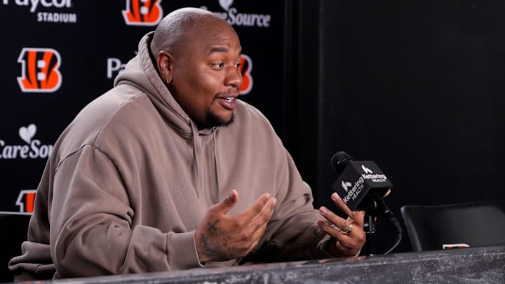 Newly signed Cincinnati Bengals defense tackle Dexter Lawrence speaks in a press conference for the first time since joining the team at Paycor Stadium in Cincinnati on Monday, April 20, 2026.