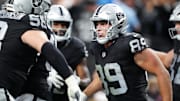 Nov 2, 2025; Paradise, Nevada, USA; Las Vegas Raiders tight end Brock Bowers (89) celebrates after scoring a touchdown during the second half against the Jacksonville Jaguars at Allegiant Stadium. Mandatory Credit: Stephen R. Sylvanie-Imagn Images