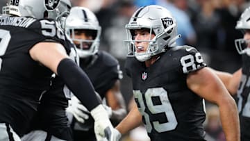 Nov 2, 2025; Paradise, Nevada, USA; Las Vegas Raiders tight end Brock Bowers (89) celebrates after scoring a touchdown during the second half against the Jacksonville Jaguars at Allegiant Stadium. Mandatory Credit: Stephen R. Sylvanie-Imagn Images
