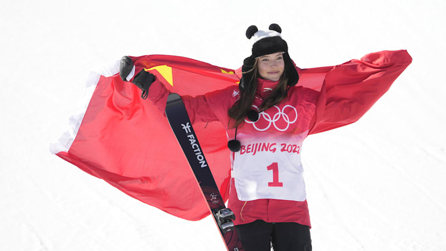 Eileen Gu celebrates winning gold in the Women's Freestyle skiing Halfpipe Final during the Beijing 2022 Olympic Winter Games. | Jack Gruber-Imagn Images