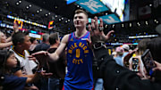 May 3, 2025; Denver, Colorado, USA; Denver Nuggets guard Christian Braun (0) celebrates the win over the LA Clippers following game seven of first round for the 2025 NBA Playoffs at Ball Arena. Mandatory Credit: Ron Chenoy-Imagn Images