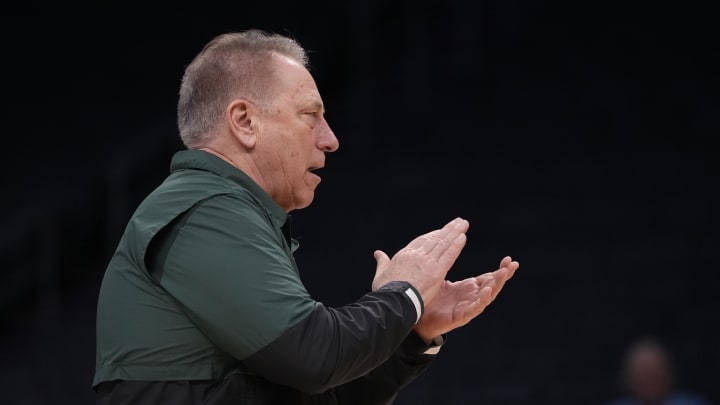 Mar 20, 2024; Charlotte, NC, USA; Michigan State Spartans head coach Tom Izzo during practice at Spectrum Center. Mandatory Credit: Bob Donnan-USA TODAY Sports