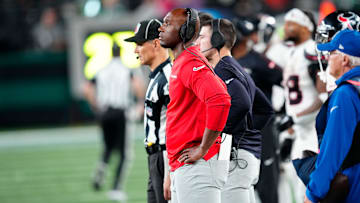 Houston Texans Head Coach, Demeco Ryans reacts after the Jets took a double two-score lead in the fourth quarter, Thursday, October 31, 2024, in East Rutherford.