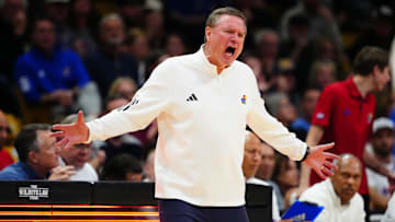 Feb 24, 2025; Boulder, Colorado, USA; Kansas Jayhawks head coach Bill Self calls out in the second half against the Colorado Buffaloes at the CU Events Center. Mandatory Credit: Ron Chenoy-Imagn Images
