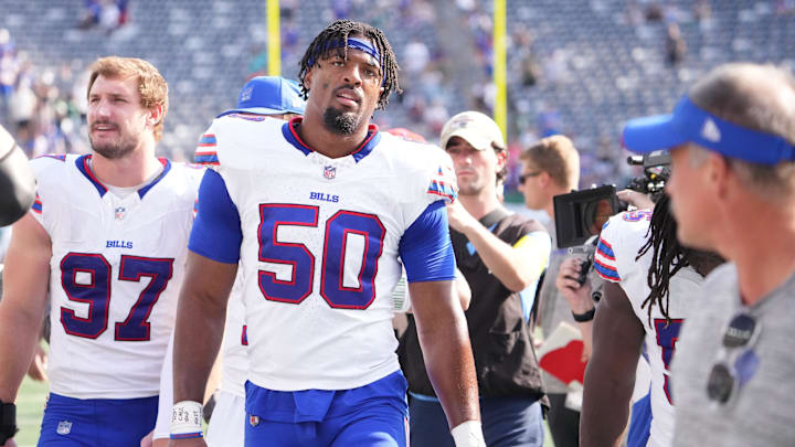 Sep 14, 2025; East Rutherford, New Jersey, USA; Buffalo Bills defensive end Greg Rousseau (50) after the game against the New York Jets at MetLife Stadium. Sep 14, 2025; East Rutherford, New Jersey, USA; Buffalo Bills defensive end Greg Rousseau (50) after the game against the New York Jets at MetLife Stadium.
