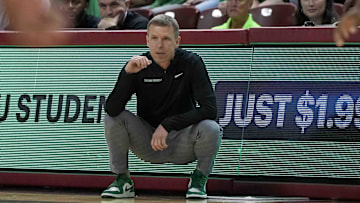 Nov 17, 2023; Charleston, SC, USA; North Texas Mean Green head coach Ross Hodge on the side line in the first half against the LSU Tigers at TD Arena. Mandatory Credit: David Yeazell-Imagn Images