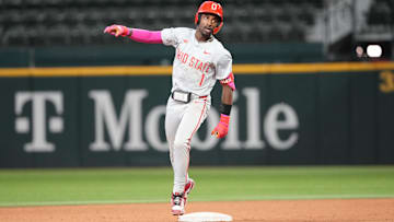 Mar 2, 2025; Arlington, TX, USA; Ohio State plays Oregon State during the Amegy Bank College Baseball Series presented by Kubota Weekend 3 at Globe Life Field. Mandatory Credit: Jim Cowsert-Imagn Images