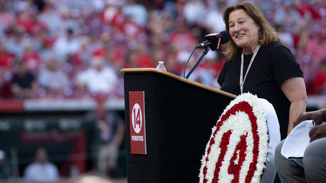 Fawn Rose, Pete Rose’s daughter, speaks at Great American Ball Park during the Cincinnati Reds' Pete Rose night at the ballpark on Wednesday, May 14, 2025 in Cincinnati.