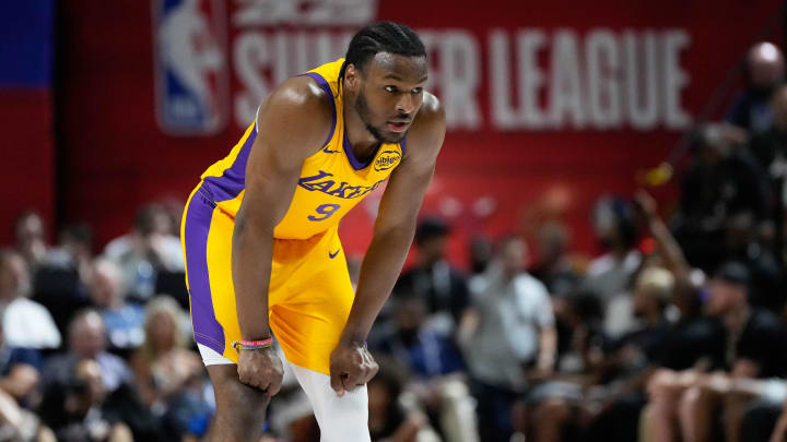 Jul 12, 2024; Las Vegas, NV, USA; Los Angeles Lakers guard Bronny James (9) competes against the Houston Rockets during the first half at Thomas & Mack Center. Mandatory Credit: Lucas Peltier-USA TODAY Sports