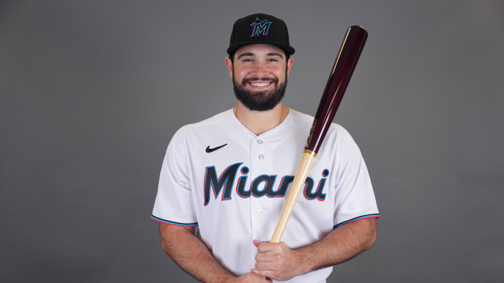 Miami Marlins infielder Joe Rizzo (72) poses for a photo during Spring Training