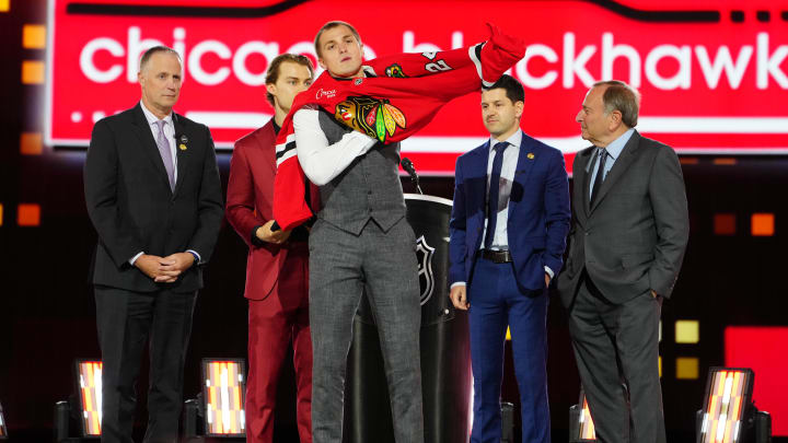 Jun 28, 2024; Las Vegas, Nevada, USA; Artyom Levshunov is selected with the 2nd overall pick in the first round of the 2024 NHL Draft by the Chicago Blackhawks at The Sphere. Mandatory Credit: Stephen R. Sylvanie-USA TODAY Sports