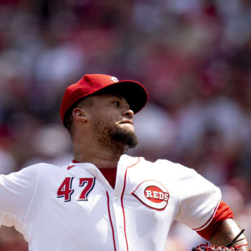 Jun 22, 2024; Cincinnati, Ohio, USA;  at Great American Ball Park.Cincinnati Reds pitcher Frankie Montas (47) delivers a pitch in the first inning of the MLB baseball game between the Cincinnati Reds and the Boston Red Sox at Great American Ball Park in Cincinnati on Saturday, June 22, 2024. Mandatory Credit: Albert Cesare-The Cincinnati Enquirer-USA TODAY Sports
