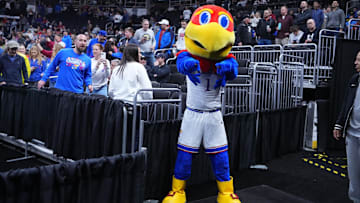 Mar 20, 2025; Providence, RI, USA;  Kansas Jayhawks mascot on the court prior to the first quarter against the Arkansas Razorbacks at Amica Mutual Pavilion. Mandatory Credit: Mandatory Credit: Gregory Fisher-Imagn Images