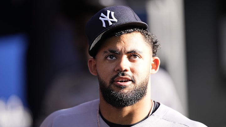 Jul 3, 2025; Toronto, Ontario, CAN; New York Yankees left fielder Jasson Dominguez (24) in the dugout before a game against the Toronto Blue Jays at Rogers Centre. Mandatory Credit: John E. Sokolowski-Imagn Images