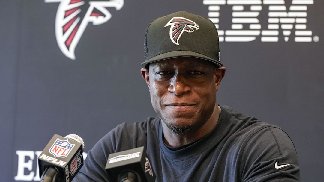 Jun 3, 2024; Atlanta, GA, USA; Atlanta Falcons head coach Raheem Morris is interviewed by the media before the start of Falcons OTA at the Falcons Training facility. Mandatory Credit: Dale Zanine-Imagn Images