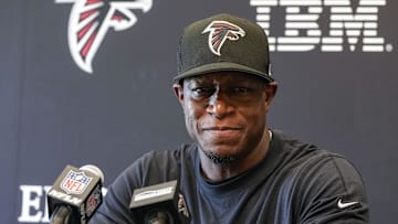 Jun 3, 2024; Atlanta, GA, USA; Atlanta Falcons head coach Raheem Morris is interviewed by the media before the start of Falcons OTA at the Falcons Training facility. Mandatory Credit: Dale Zanine-Imagn Images