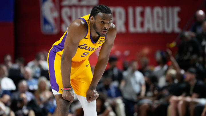 Jul 12, 2024; Las Vegas, NV, USA; Los Angeles Lakers guard Bronny James (9) competes against the Houston Rockets during the first half at Thomas & Mack Center. Mandatory Credit: Lucas Peltier-USA TODAY Sports