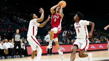Nov 25, 2025; Las Vegas, Nevada, USA; UNLV Rebels guard Dra Gibbs-Lawhorn (0) shoots the ball in the second half against Alabama Crimson Tide in a 2025 Players Era Festival group play game at MGM Grand Garden Arena. Mandatory Credit: Stephen R. Sylvanie-Imagn Images