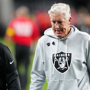 Nov 2, 2025; Paradise, Nevada, USA; Las Vegas Raiders head coach Pete Carroll reacts after the loss against the Jacksonville Jaguars at Allegiant Stadium. Mandatory Credit: Stephen R. Sylvanie-Imagn Images