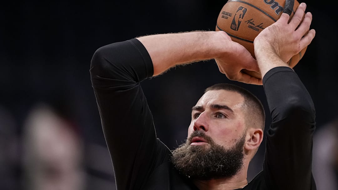 Mar 10, 2024; Atlanta, Georgia, USA; New Orleans Pelicans center Jonas Valanciunas (17) warms up on the court prior to the game against the Atlanta Hawks at State Farm Arena. Mandatory Credit: Dale Zanine-Imagn Images