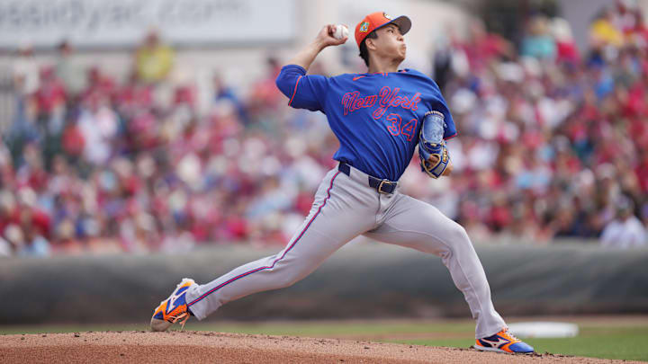 Mar 7, 2026; Jupiter, Florida, USA;  New York Mets pitcher Kodai Senga (34) pitches in the first inning against the St. Louis Cardinals at Roger Dean Chevrolet Stadium. Mandatory Credit: Jim Rassol-Imagn Images